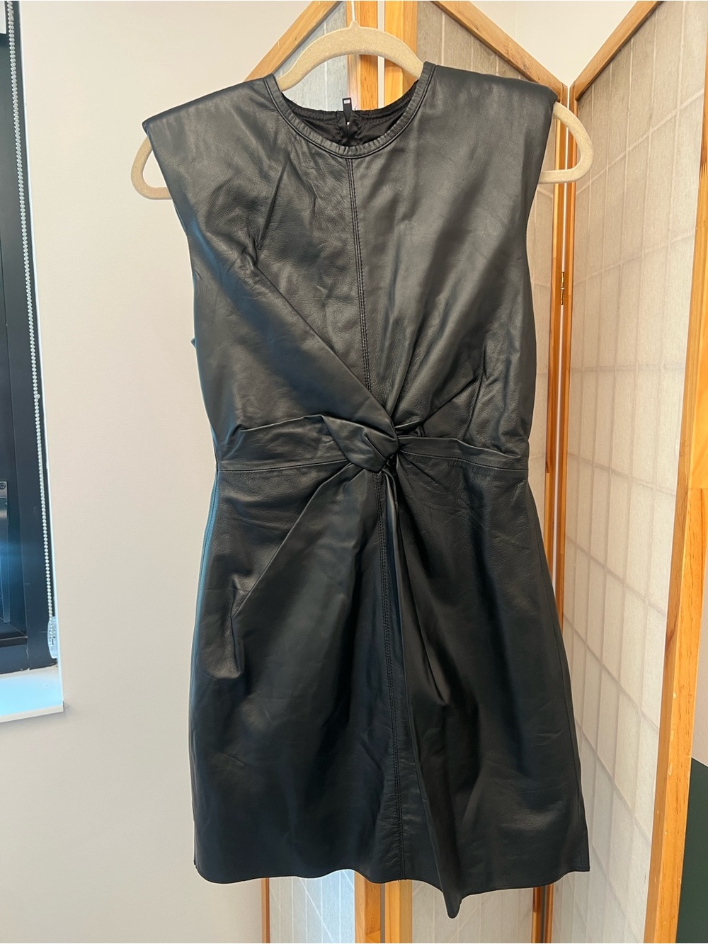 Black Leather Twist-Front Sleeveless Dress